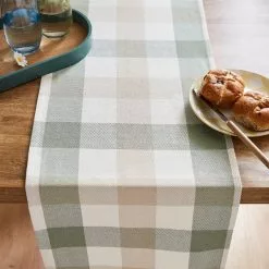 Dunelm Large Sage Woven Check Table Runner